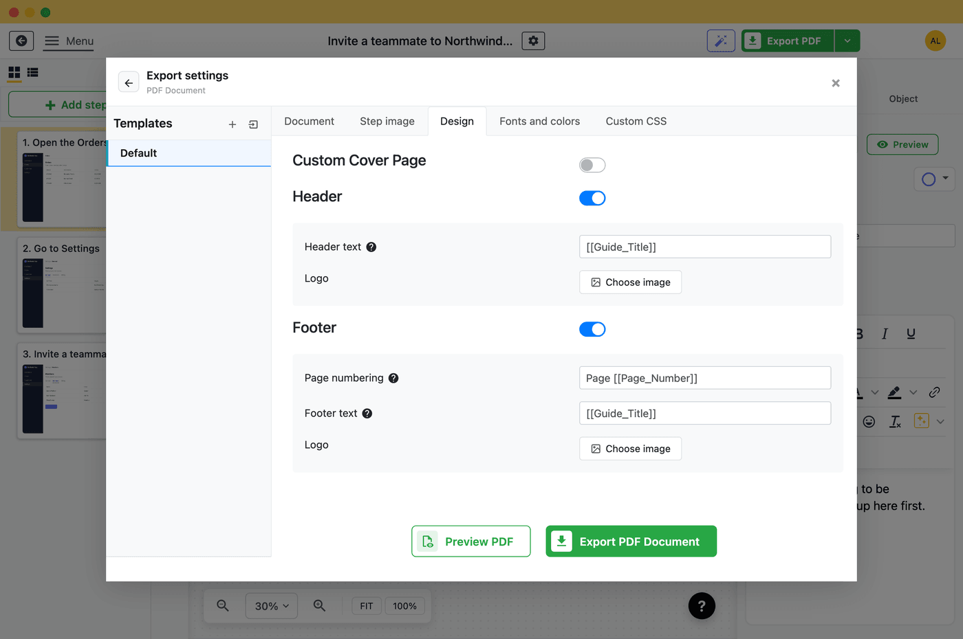 The Folge PDF export design tab with header, footer and logo settings